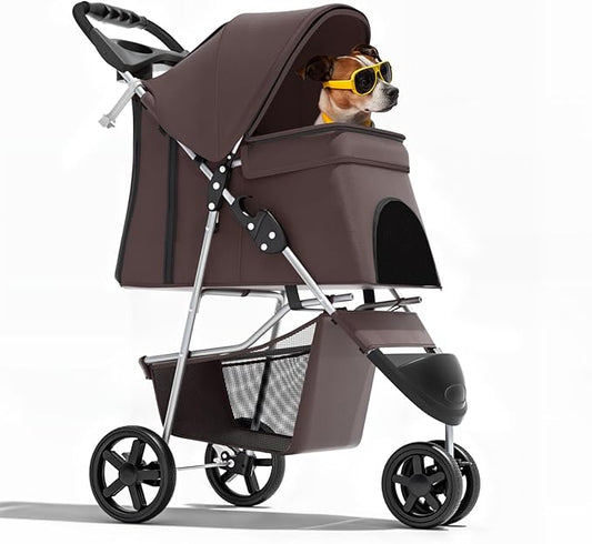 Magshion 3-Wheel Pet Stroller, Foldable Travel Jogger for Small & Medium Dogs & Cats (Up to 33lbs), Lightweight Carrier with Breathable Mesh Cover, Cup Holder & Storage Basket, Coffee