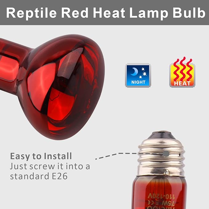 Aiicioo Reptile Red Night Light Bulb - 75W Reptile Heat Lamp Bulb Infrared Basking Spot Lamp for Bearded Dragon Lizard Turtle Hermit Crab Leopard Gecko Snake Chameleon Tank
