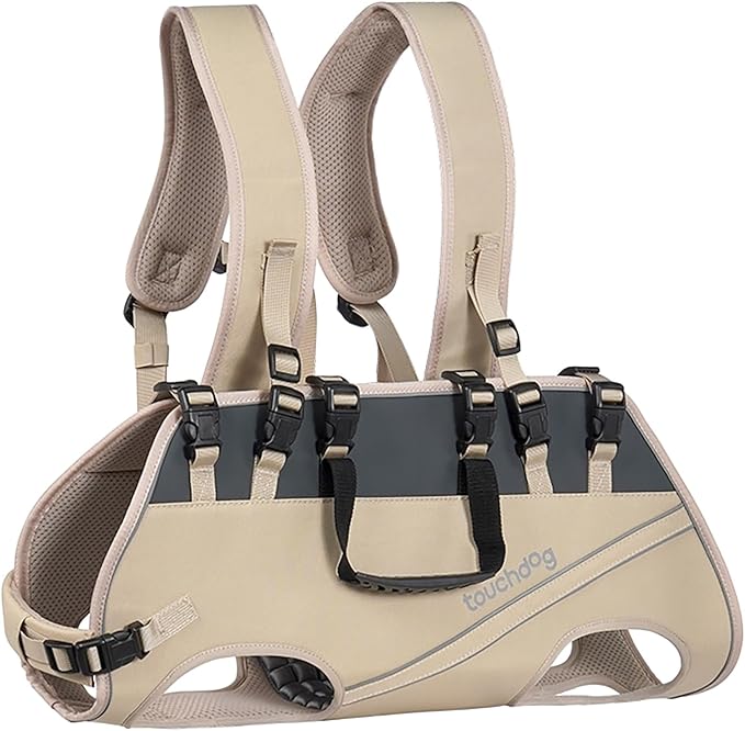 Dog Backpack Carrier for Large Dogs - Hands-Free Pet Travel Pack with 6-Point Safety System, Waterproof & Reflective Design for Motorcycle, Hiking, Surfing (Khaki Color, Small)