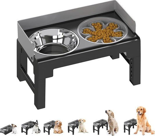 PAKEWAY Elevated Dog Bowls, Spill Proof, Tiltable Dog Feeder with 1 Stainless Steel Bowl &1 Slow Feeder Bowl, 6 Height Adjustable Raised Dog Bowls Stand for Medium Large Dogs