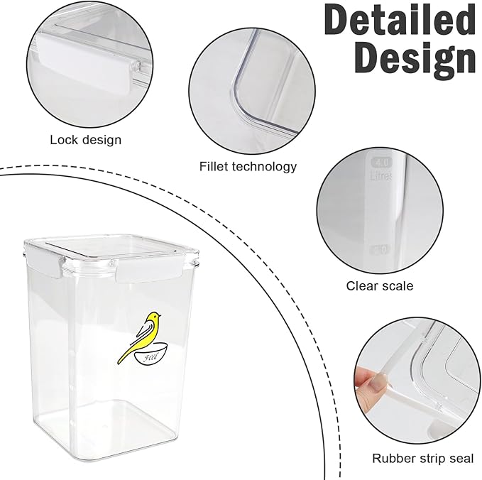 Bird Seed Storage Container-Airtight Bird Food Container-8.4lb/5 l Pet Food Storage Containers with Birds Seed Scoop-Wild Birds Dispenser-forPet Parakeets Finches Food Mealworms/Clear