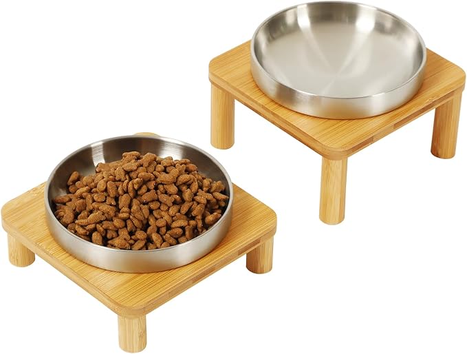 Elevated Cat Bowls for Indoor Cats – Raised Bamboo Cat Bowl Stand with 5.5" Wide Stainless Steel Dishes, Pet Food Table Plate for Easy Feeding, Whisker Friendly (Silver,Set of 2)