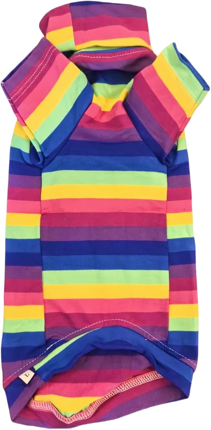 Vintage Stripes Sphynx Hairless Cats Shirt Cotton Cat Turtleneck Pet Clothes Kitten T-Shirts with Sleeves for Sphynx Cornish Rex, Devon Rex, Peterbald (Rainbow Stripe, Medium (Pack of 1))