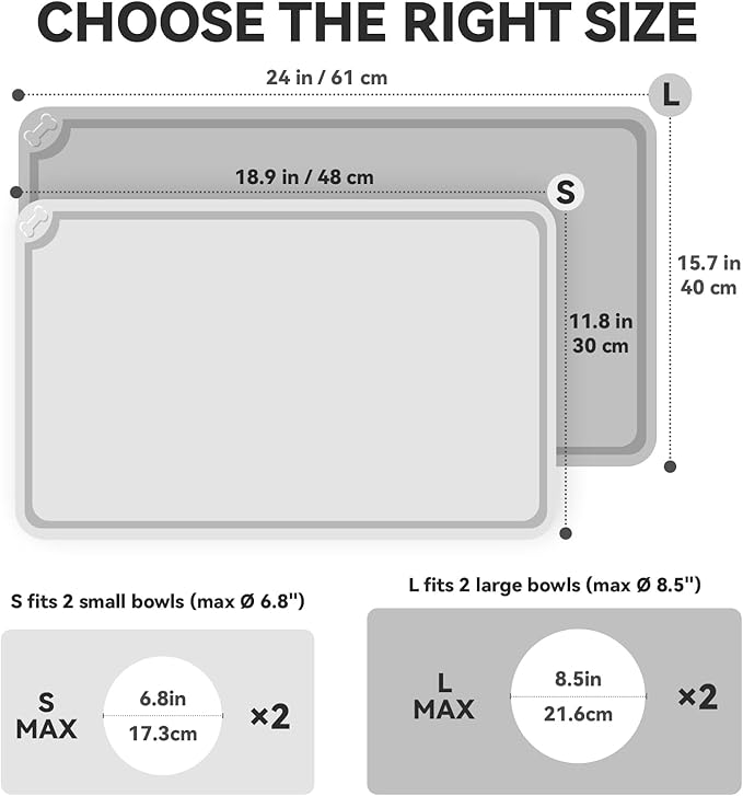 VIVAGLORY Dog Food Mat Flexmat Dog Bowl Mat, Placemat Food Tray with Raised Edges & Lip for Indoor Floor, Non Slip Waterproof Silicone Dish Placemat for Cat & Pet, S, Light Grey