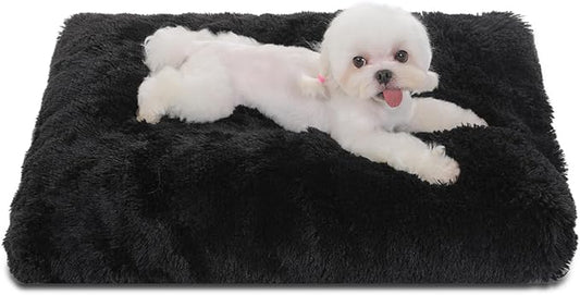 Bedfolks Waterproof Dog Crate Pad, Plush Dog Kennel Bed with Removable Cover, Faux Fur, Washable, 21"x13", Black