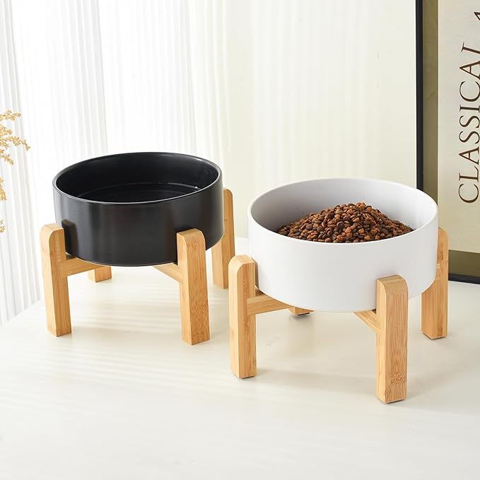 8'' Ceramic Raised Dog Bowl - 70Oz Dog Food & Water Bowl with Elevated Non-Slip Bamboo Stand, Dishwasher & Microwave Safe, Anti Vomiting Heavy Duty Pet Bowl for Medium and Large Dogs, White