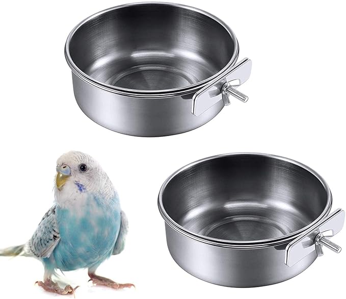 Kathson 2 Pack Bird Feeding Dish Cups, Stainless Steel bird bowls Parrot Feeders Water Cage Bowls with Clamp Holder Bird Feeders for Parakeet Cockatiels Conure Budgies Lovebird Finch and Small Animals