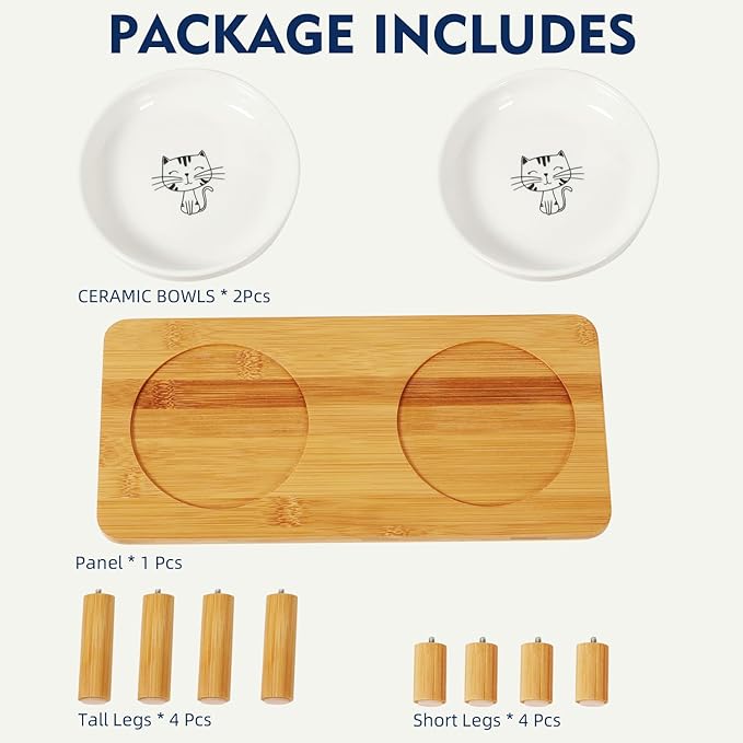 Elevated Cat Bowls for Indoor Cats – Raised Bamboo Cat Food Table with 2 Ceramic Dishes, Adjustable Height (4.25"/3.07"), Whisker Friendly Feeding Station