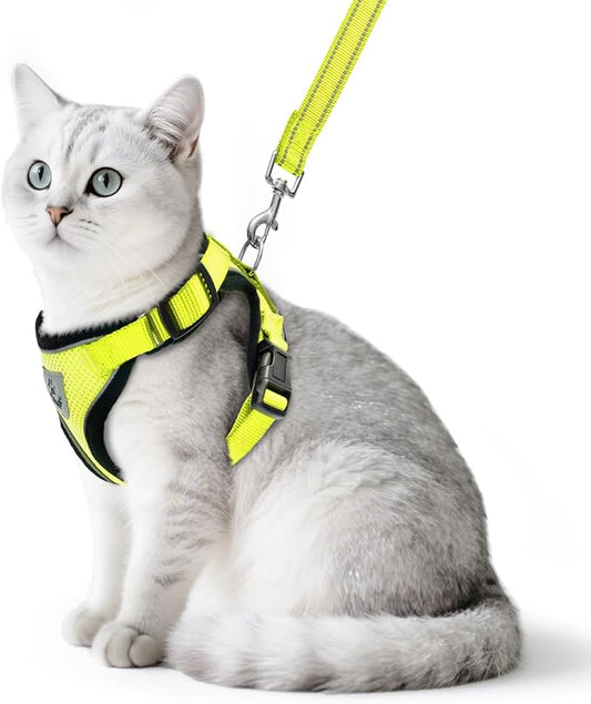 PUPTECK Cat Harness and Leash Set Escape Proof Reflective Cat Walking Harness Adjustable Soft Breathable Mesh Vest for Small Pets, Fluorescent Yellow, S