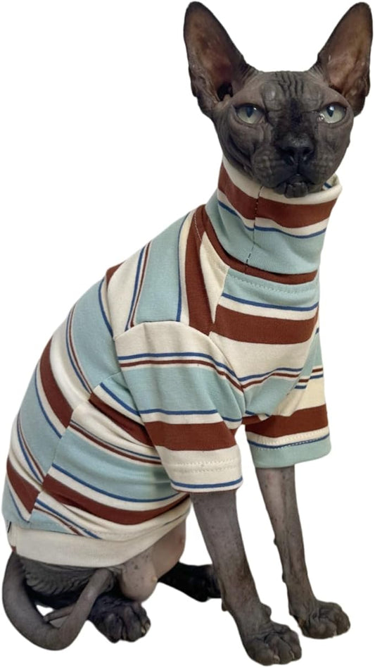 Vintage Stripes Sphynx Hairless Cats Shirt Cotton Cat Turtleneck Pet Clothes Kitten T-Shirts with Sleeves for Sphynx Cornish Rex, Devon Rex, Peterbald (Mint Brown, Medium (Pack of 1))
