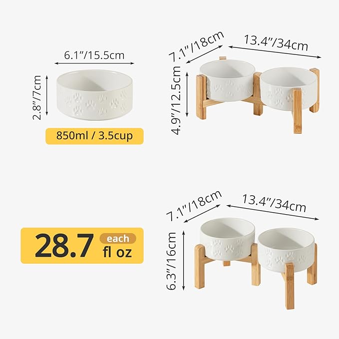Elevated Ceramic Dog Bowl Set, 6" Dog Bowls with Dual Fixed Heights Stand, 3.5 Cup Food and Water Bowls for Small Breed Dogs, Microwave Safe (Double Bowls + Stand - White, 6 inch)