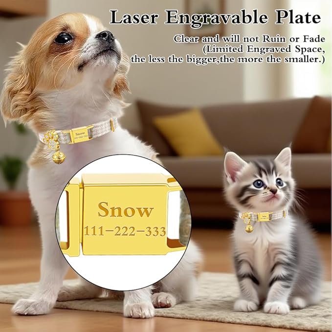 Personalized Breakaway Cat Collars - Magnetic Buckle, Bell - Safety Quick Release, Customized for Girls & Boys Cats- (Houndstooth-Khaki)