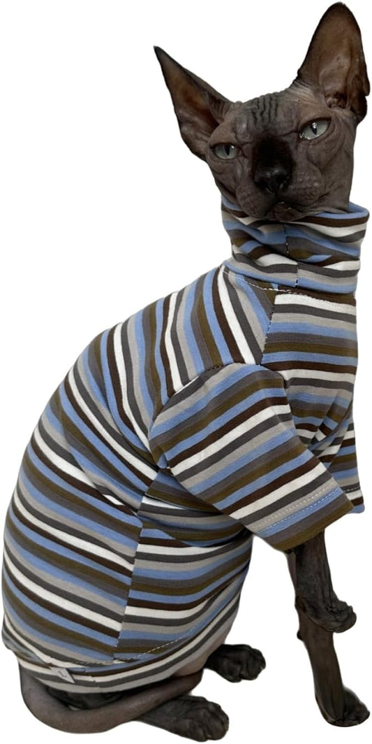 Vintage Stripes Sphynx Hairless Cats Shirt Cotton Cat Turtleneck Pet Clothes Kitten T-Shirts with Sleeves for Sphynx Cats (Storm, X-Large)