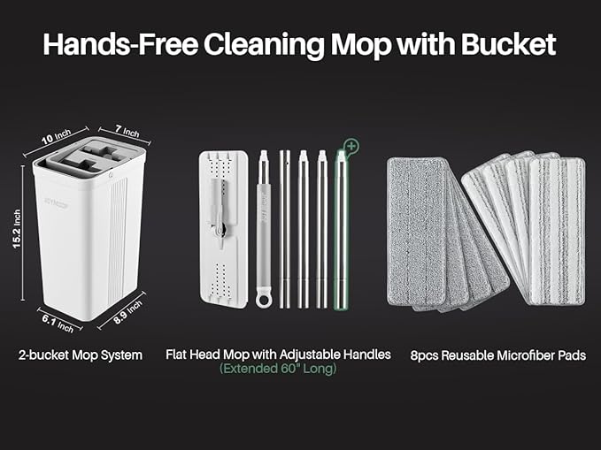 JOYMOOP Mop and Bucket Set with Wringer, Dust Mops for Floor Cleaning, Wall Cleaner with Long Handle,Wet and Dry Use - 8 Microfiber Mop Pads