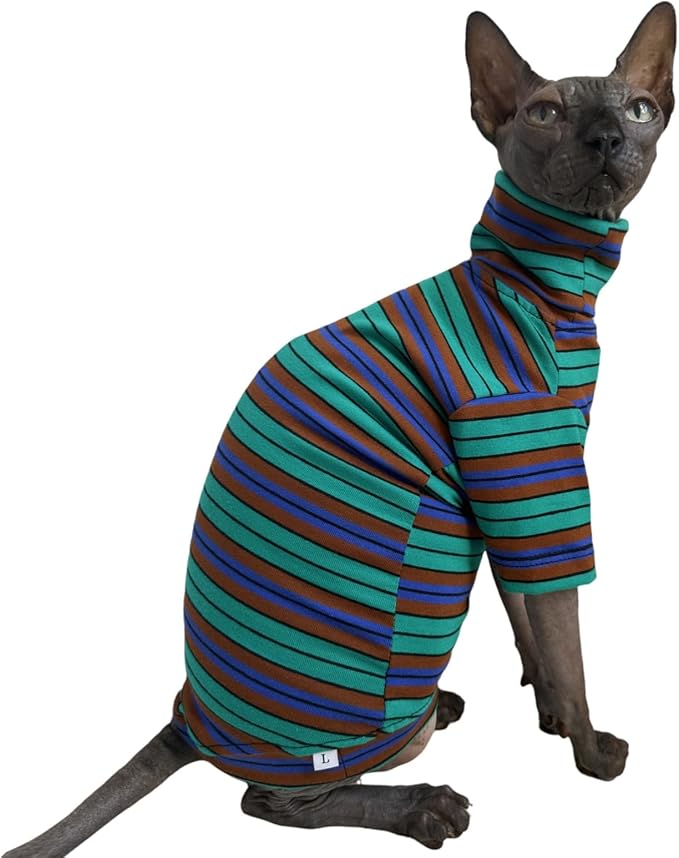 Vintage Stripes Sphynx Hairless Cats Shirt Cotton Cat Turtleneck Pet Clothes Kitten T-Shirts with Sleeves for Sphynx Cornish Rex, Devon Rex, Peterbald (Green Stripe, Small (Pack of 1))