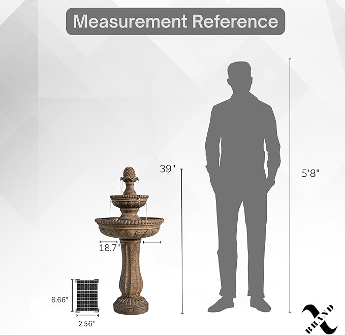 XBrand 39" 2-Tier Outdoor Freestanding Solar Water Fountain – Classic Sand Stone Resin Bird Bath with Pump – Solar Powered Garden Decor for Patio, Yard, Porch, and Lawn