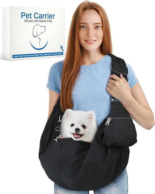 Small Dog Front Carrier Sling for 5-15lbs Dogs or Cats, Puppy Sling with Adjustable Straps and Pocket, Dog Pouch Carrier for Travel Outdoor Hands Free, Portable Large Capacity Pet Bag, Black