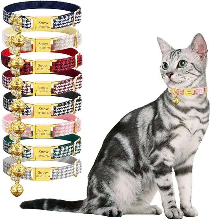 Personalized Breakaway Cat Collars - Magnetic Buckle, Bell - Safety Quick Release, Customized for Girls & Boys Cats - Houndstooth