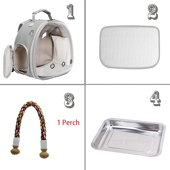 Small Bird Travel Backpack Carrier Cage, Backpack to Transport Backpack Carrier with Metal Tray Stand Perch for Parakeet Cockatiel Budgies Vet Carry Book Bag Grey