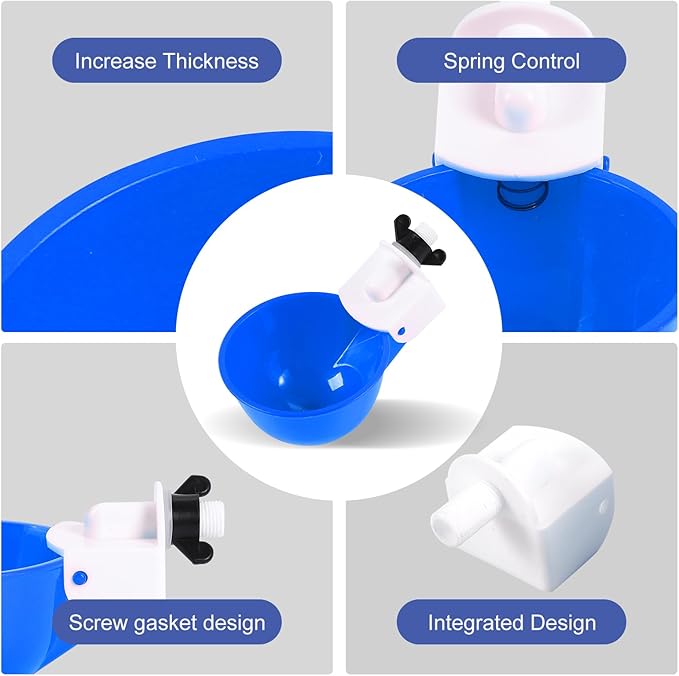 Chicken Waterer Cups (8 Pack/Blue) - DIY Automatic Large Chicken Water Feeder for Ducks,Chicks, Turkeys, Quail, Bunny, Bird and Other Various Poultry Dispenser with Matching Drill