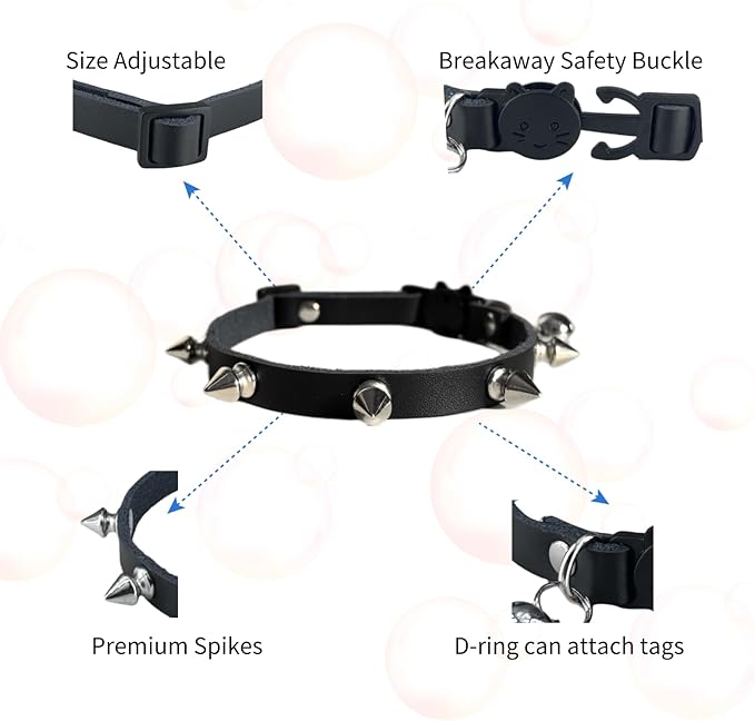 Spiked Cat Collar with Bells, Breakaway Genuine Leather Protective Collar for Kitty, Studs Spikes Punk Style Adjustable for Girl Boy Kittens Small Bunny Rabbit, 8"-9.5" Black