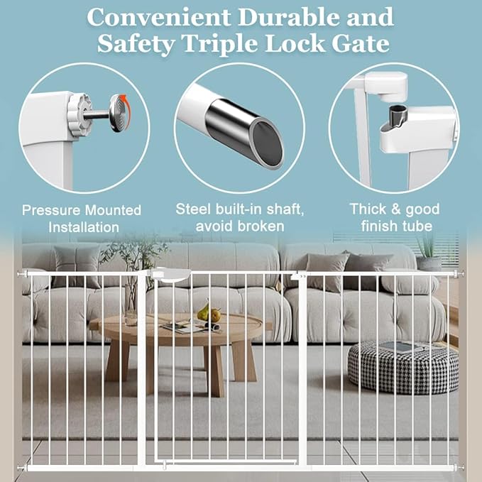 WAOWAO Triple Lock Baby Gate Extra Wide 76.77-81.49" Pressure Mounted Walk Through Swing Auto Close Safety White Metal Dog Pet Puppy for Stairs,Doorways,Kitchen