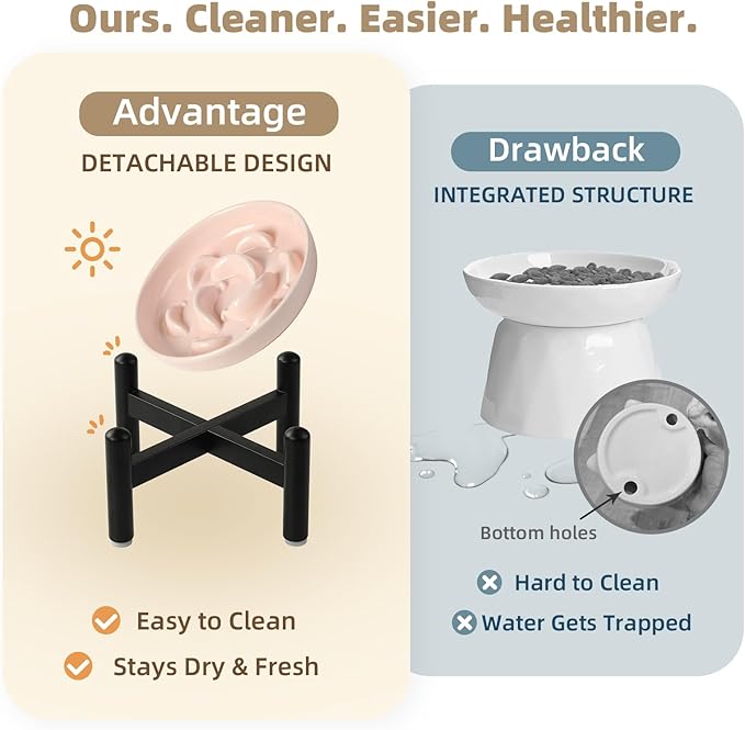 Elevated Slow Feeder Cat Bowl - Ceramic Cat Food Dish with Anti-Slip Stainless Steel Stand - Raised Maze Plate for Slow Eating - Mint Green