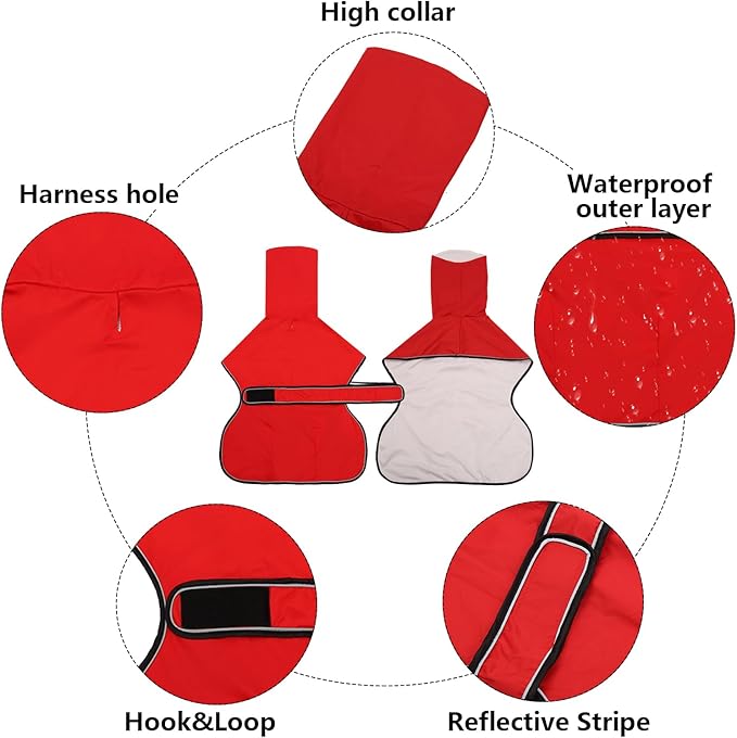 Dog Raincoat with Reflective Bar, Rain/Water Resistant, Adjustable Vest - Dog Raincoats for Greyhounds, Lurchers and Whippets - Red - XXL