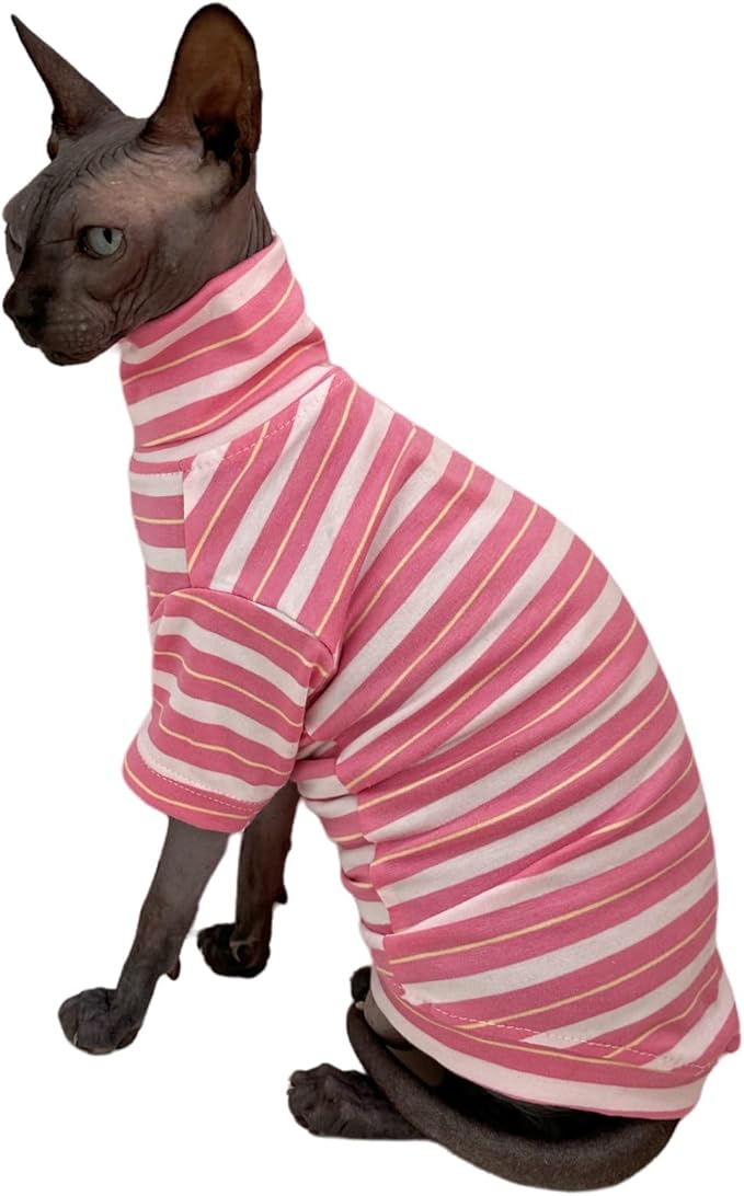 Vintage Stripes Sphynx Hairless Cats Shirt Cotton Cat Turtleneck Pet Clothes Kitten T-Shirts with Sleeves for Sphynx Cats (Sakura, Large)