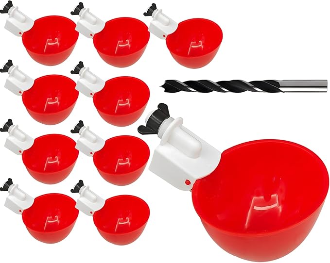 10PCS Chicken Waterer Cups, Red Automatic Poultry Watering Cups, Tee Fittings Poultry Waterer with Mounting Hole Opener,Ideal for Chicken Coop, Ducks, and Backyard Poultry