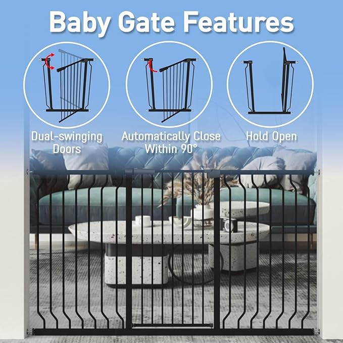 WAOWAO Extra Tall 40.55" Baby Gate 29.92-63.38" Wide Pressure Mounted Walk Through Swing Auto Close Safety Black Metal Toddler Child Dog Pet for Indoor Stairs,Doorways,Kitche