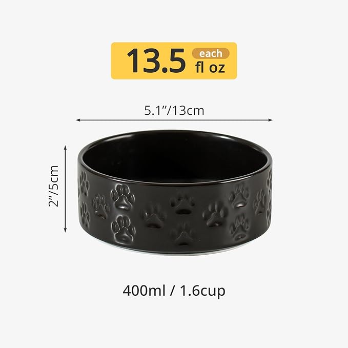 Ceramic Dog Bowl Set, 5.1" Dog Bowls with Anti-Slip Rings for Toy Breed Dogs, 1.6 Cup Food and Water Bowls for Small-Breed Puppy, Adult Cat, Microwave Safe (Double Bowls - Black, 5.1 inch)