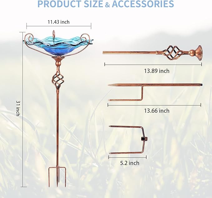 VCUTEKA Outdoor Bird Bath Glass Birdbath Garden Bird Feeder with Metal Stake Blue
