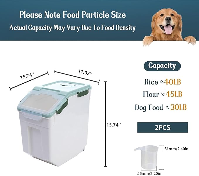 50 lbs Flour Storage Container, 2 Pack Rice Storage Container with Measuring Cup & Scoop, Pet Food Storage Container Dog Cat Food Bin, Green