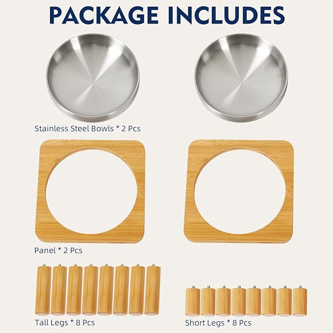 Elevated Cat Bowls for Indoor Cats – Raised Bamboo Cat Bowl Stand with 5.5" Wide Stainless Steel Dishes, Pet Food Table Plate for Easy Feeding, Whisker Friendly (Silver,Set of 2)