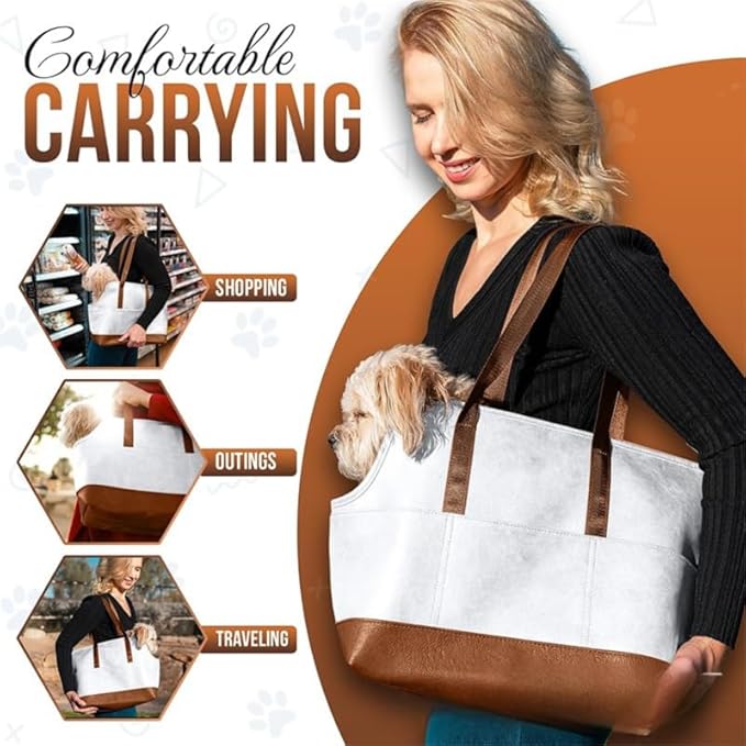 Premium Pet Carrier Tote Bag with Multiple Pockets, Brown/White PU Leather, 18.5L x 7W x 11.5H inches (White)