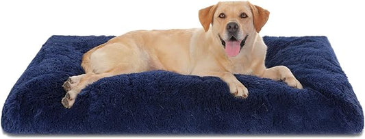 Bedfolks Waterproof Dog Crate Pad, Plush Washable Kennel Bed, Faux Fur, 47"x29", Dark Blue