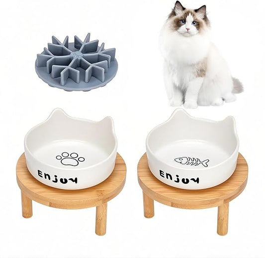 3PCS Elevated Cat Bowls,Wide Raised Ceramic Pet Dishes with Bamboo Stand, Whisker Friendly Pet Water or Food Plates Feeding Station for Indoor Small Dogs, Kitten (White(2PCS))