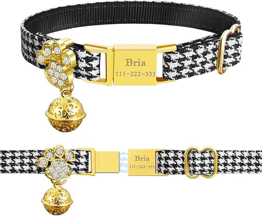 Personalized Breakaway Cat Collars - Magnetic Buckle, Bell - Safety Quick Release, Customized for Girls & Boys Cats- (Houndstooth-Black)