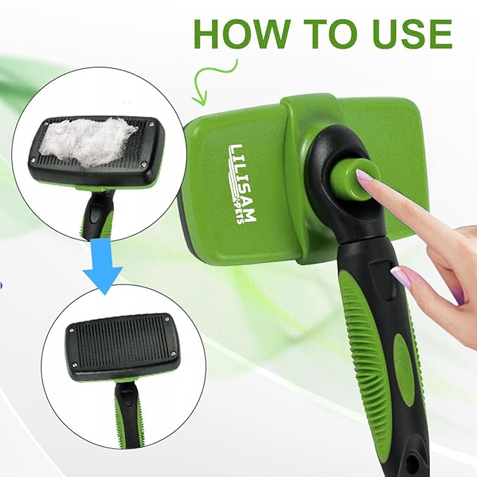 Pet Self Cleaning Slicker Brush and Grooming Comb - Gently Removes Loose Hair, Tangles, and Dirt - Skin Friendly Deshedding Grooming Tool for Hair Dogs & Cats - Pet Supplies Accessories (Green)