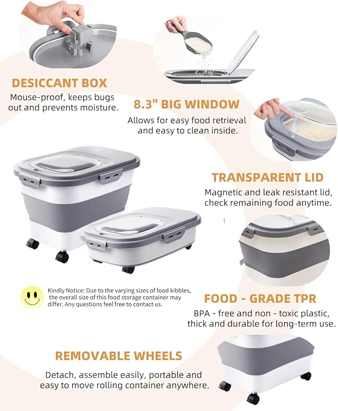 20-30 Lbs Rice Storage Container,Collapsible Food Storage Containers with Rolling Wheel Airtight Locking Lid,Flour Storage Container with Cup and Scoop,Suitable for Food,Rice,Pet Food,Flour