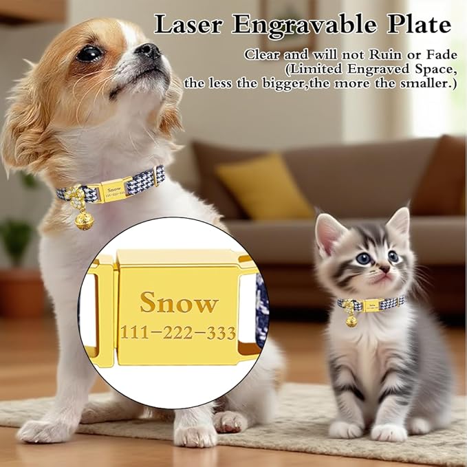 Personalized Breakaway Cat Collars - Magnetic Buckle, Bell - Safety Quick Release, Customized for Girls & Boys Cats- (Houndstooth-Navy)