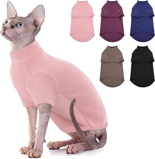 SUNFURA Turtleneck Sweater for Cat, Sphynx Cats Shirt Hairless Cat Sweaters with Sleeves, Warm and Soft Kitten Pullover Fleece Winter Pajamas Jumpsuit for Puppy Cats, Pink XL