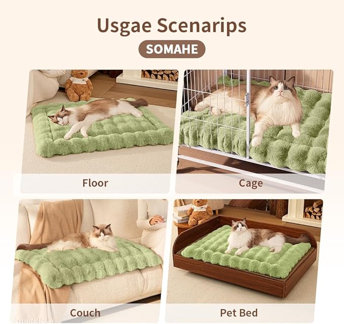 Cat Bed Plush Puppy Pad Mat with Non-Slip Bottom Faux Fur Kitten Beds for Carriers/Floor Dog Friendly 23 x 15 Inch Medium Green