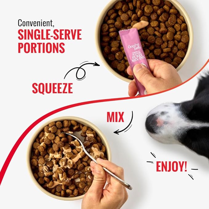 Good 'n' Tasty Triple Flavor Puree Mix-Ins Dog Food Topper Treats for All Dogs, 7 Count, Easy Single-Serve Portions, Added Protein with Salmon, Tuna and Krill, No Chicken or Beef Added