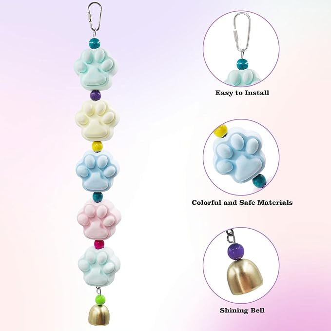 Mineral Chew Toy, Paw Shape Colorful Beaded Bird Toys with Bells | Beak Grinding & Foraging Enrichment for African Grey, Amazon Parrots, Budgies, Cockatiels, Conures