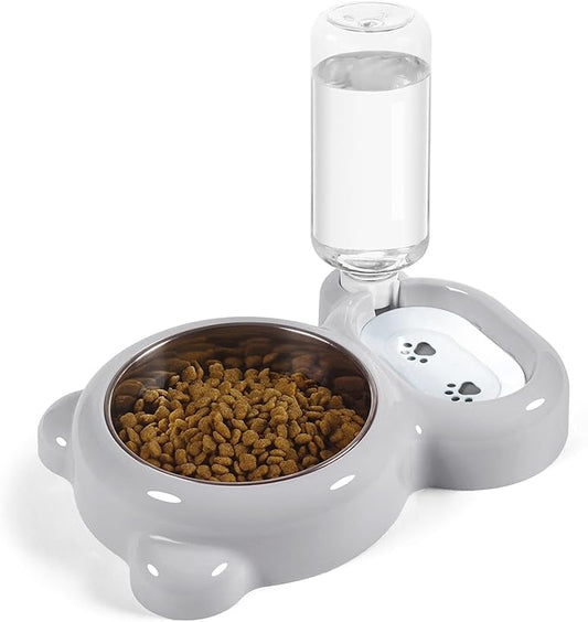 Dog Bowls, Cat Food and Water Bowl Set with Water Dispenser and Stainless Steel Bowl for Cats and Small Dogs - Grey