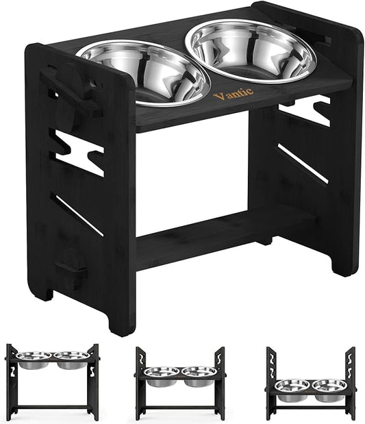 Vantic Elevated Dog Bowls, Adjustable Raised Dog Bowl Stand for Medium Sized Pet, Sturdy Bamboo Food Feeder with 2 Stainless Steel Dishes, Black