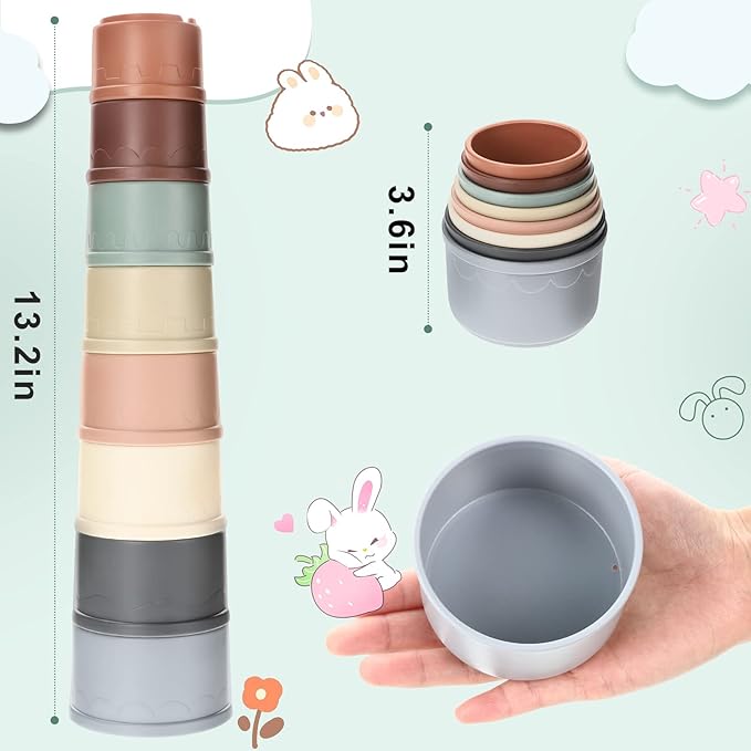 MEWTOGO 8 Pcs Stacking Cups for Bunny - Multi-Colored Reusable Rabbits Bunny Toys of Different Sizes, Safe Plastic Nesting Toys for Guinea Pig Hamster Gifts Hiding Food and Playing