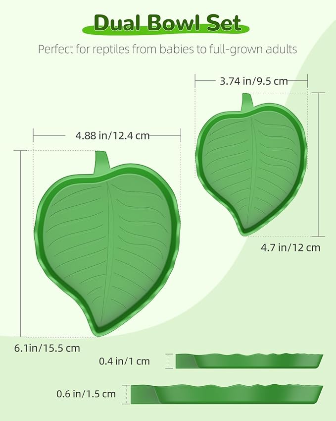 Pawfly 4 Pcs Leaf Reptile Water Dish, Reptile Water Bowl, Tortoise Habitat Accessories, Bearded Dragon Water Bowl, Pet Food Feeding Plate for Turtle Small Snake Lizard, 2 Sizes